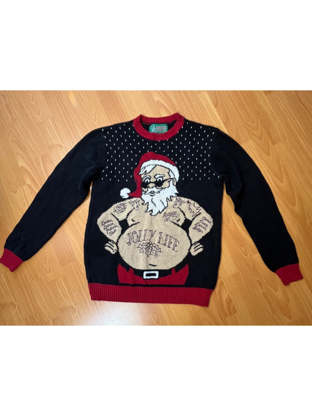 Ugly Christmas Sweater Mens M Tattooed Santa Jolly Life Black Red Holiday